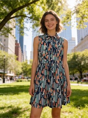 Forever 21 Geometric Print Sleeveless Shirt Dress Blue Peach Medium
